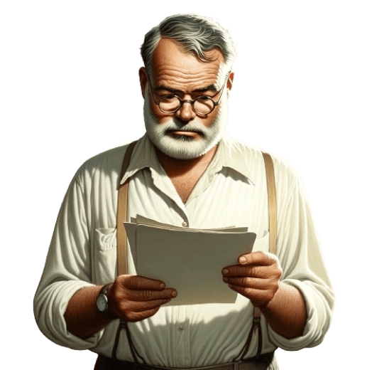 Ernest Hemingway reading a sheet of paper.
