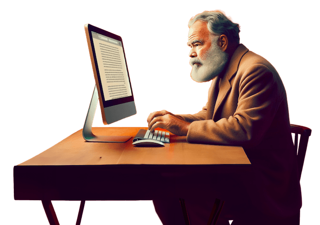Ernest Hemingway sitting at a computer