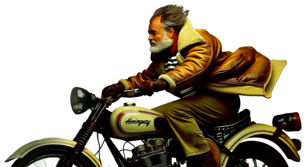 Ernest Hemingway riding a motorcycle.