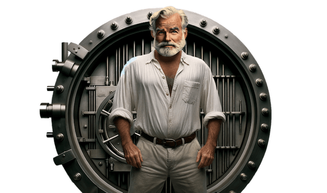 Ernest Hemingway standing in front of a bank vault.